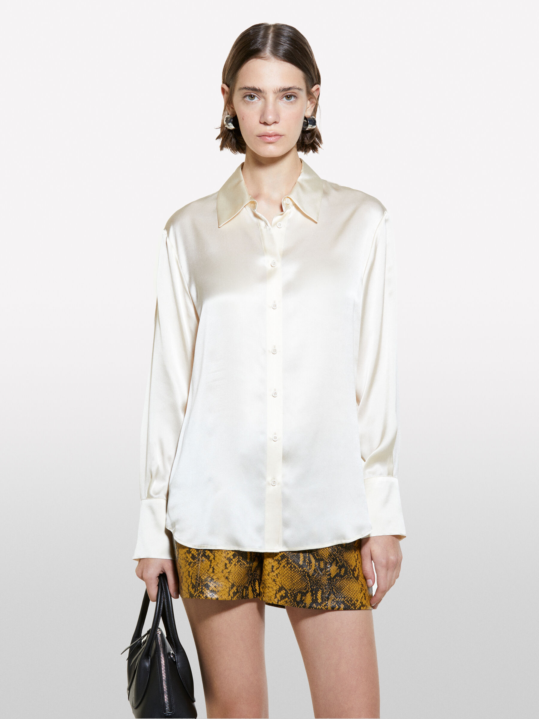 Cream white shirt in 100% silk, Creamy White - Sisley