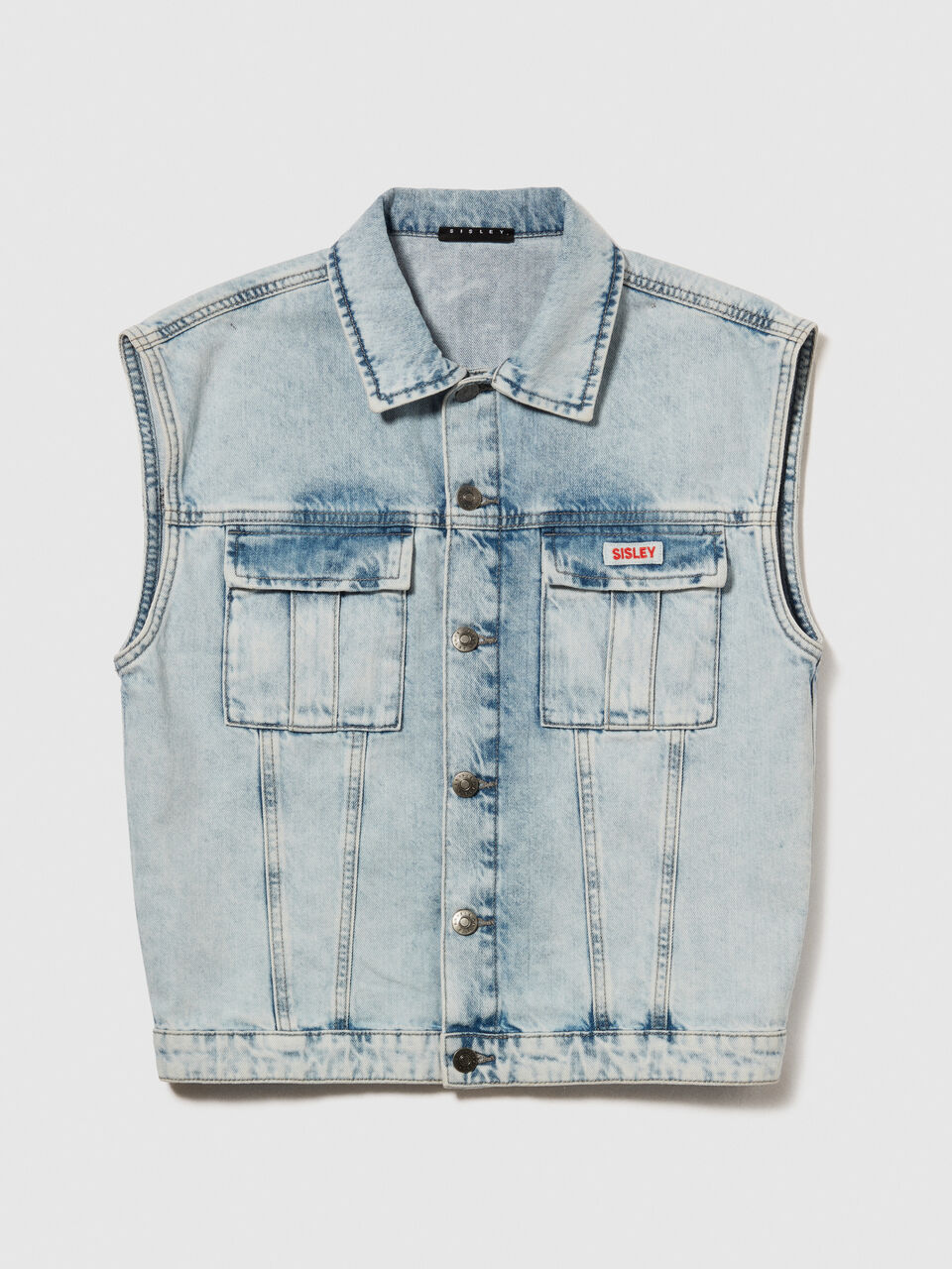 Sleeveless denim jacket with big pockets Junior Boy image number null