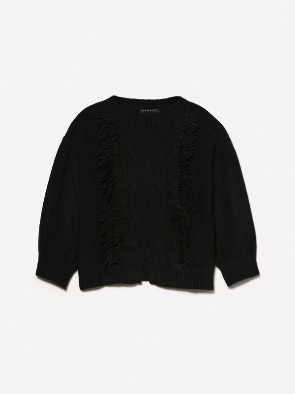 Black sweater with cable knit and fringes - girls' knitwear | Sisley Young