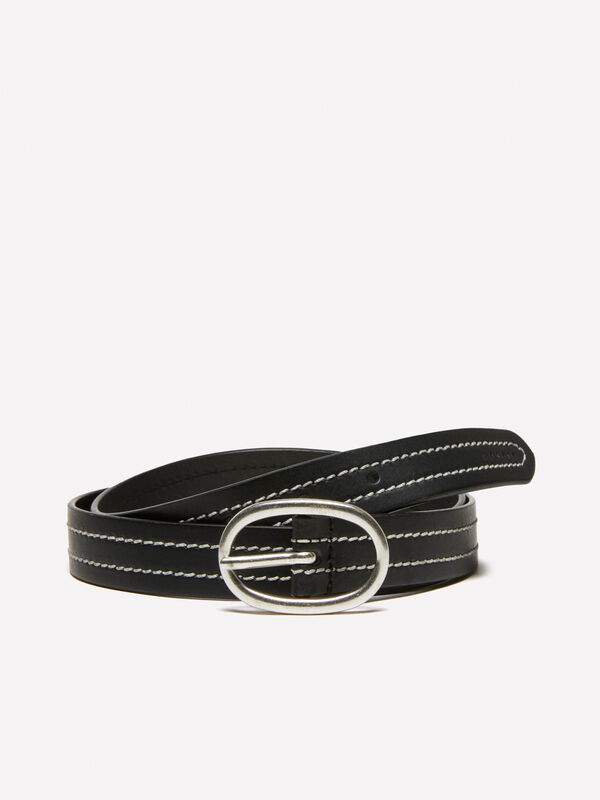 Black leather belt with stitching - women's belts | Sisley