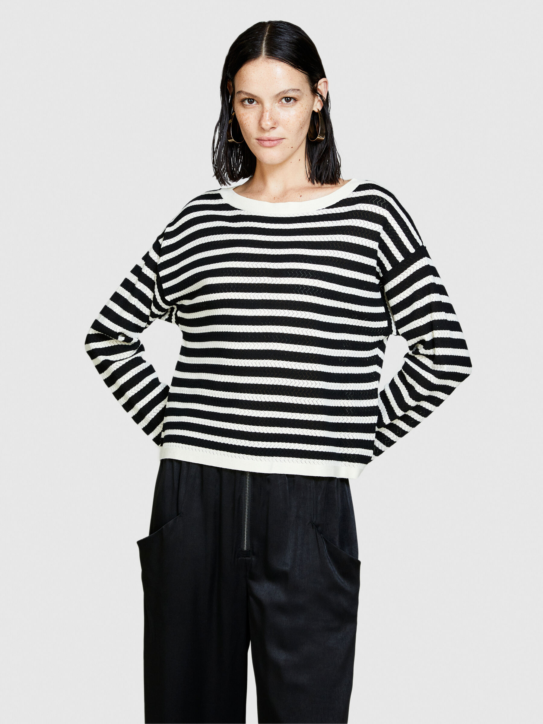 Sweater with two-tone stripes, Black - Sisley Sweater with two-tone stripes, Black - Sisley