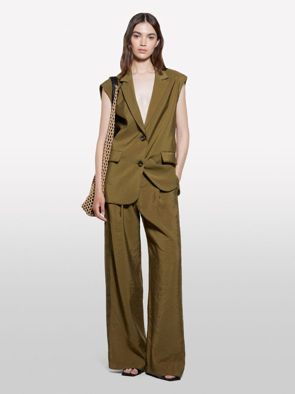 Dark olive green trousers with crinkle look - women's palazzo trousers | Sisley