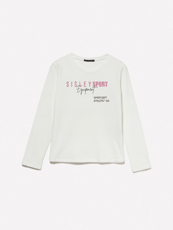 White t-shirt with glitter print - girls' long sleeve t-shirts | Sisley Young