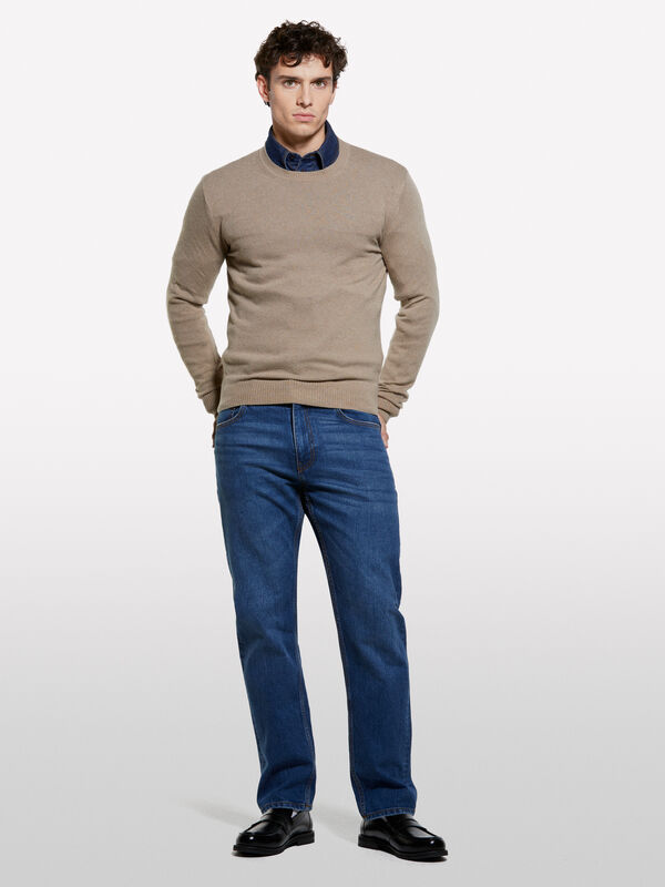 Dark beige regular fit crew neck sweater - men's crew neck sweaters | Sisley