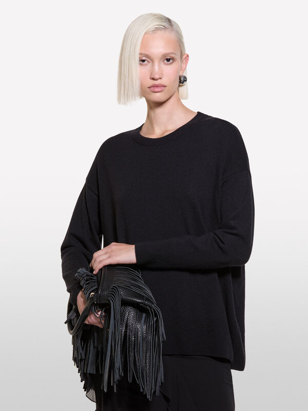Black crew neck sweater in wool blend - women's crew neck sweaters | Sisley