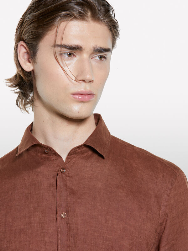Dark brown 100% linen shirt - men's regular fit shirts | Sisley