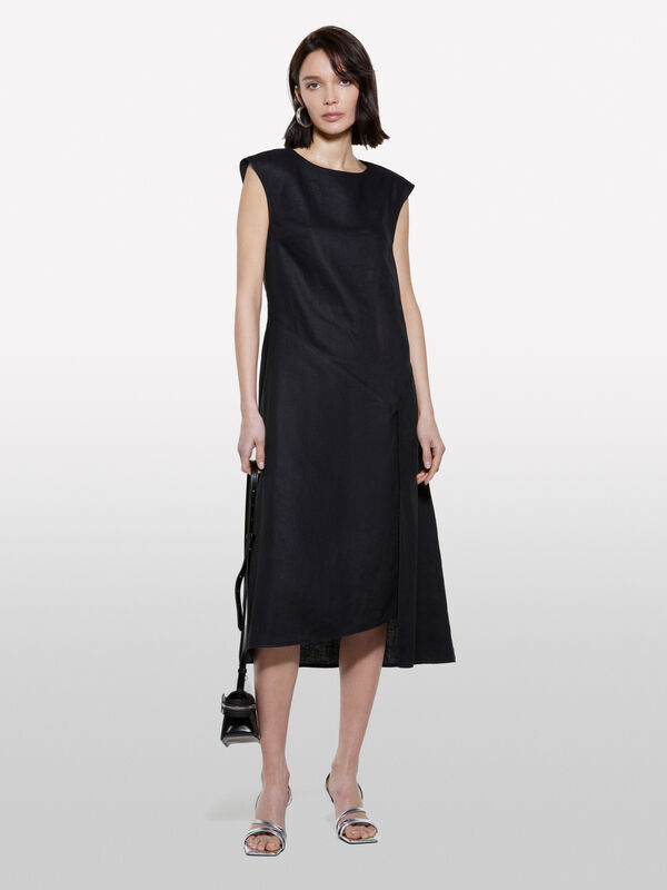 Black dress in 100% linen - women's midi dresses | Sisley