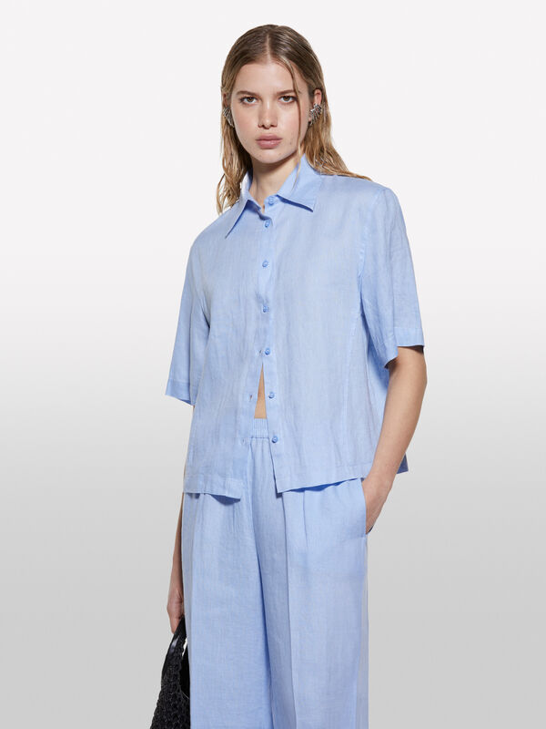 Light blue short sleeve shirt in 100% linen  - women's shirts | Sisley