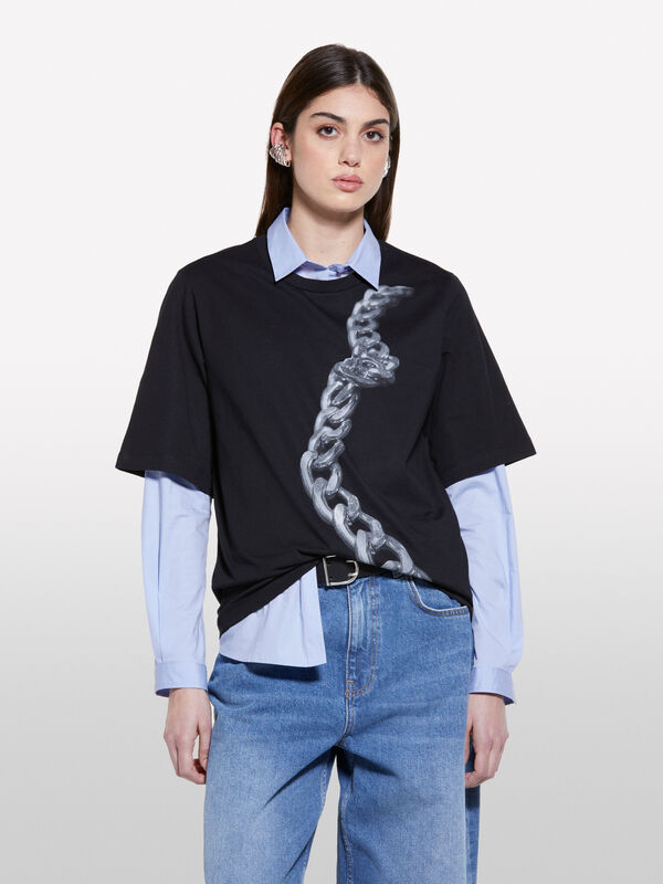 Black t-shirt with chain print - women's short sleeve t-shirts | Sisley