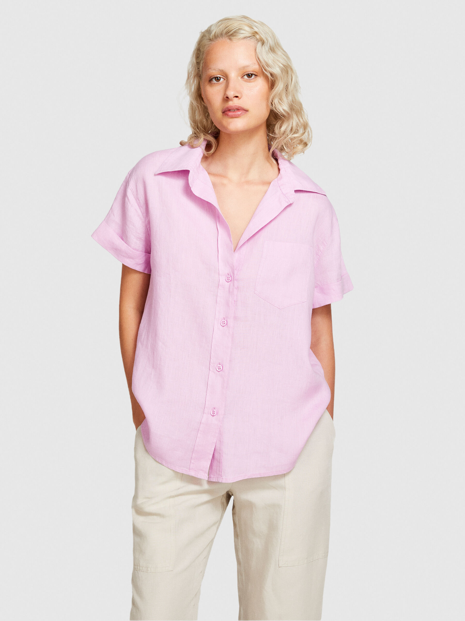 ミカ　POLOTピンク Short sleeve 100% linen shirt, Soft Pink - Sisley
