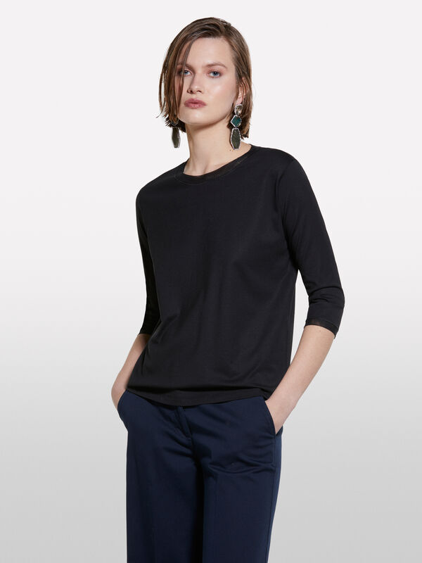 Black t-shirt with tulle inserts Black t-shirt with tulle inserts - women's long sleeve t-shirts | Sisley