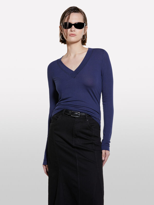 Dark blue slim fit long sleeve t-shirt - women's long sleeve t-shirts | Sisley