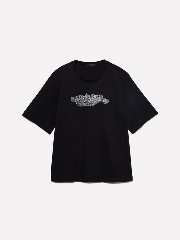 Black t-shirt with interlocked chain print - women's short sleeve t-shirts | Sisley