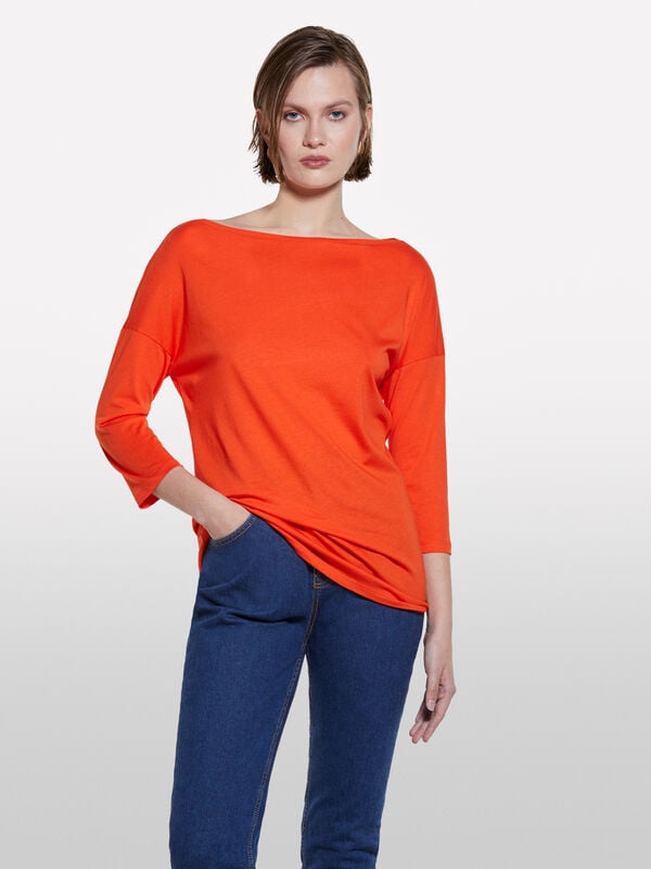 Orange t-shirt with boat neck Orange t-shirt with boat neck - women's long sleeve t-shirts | Sisley