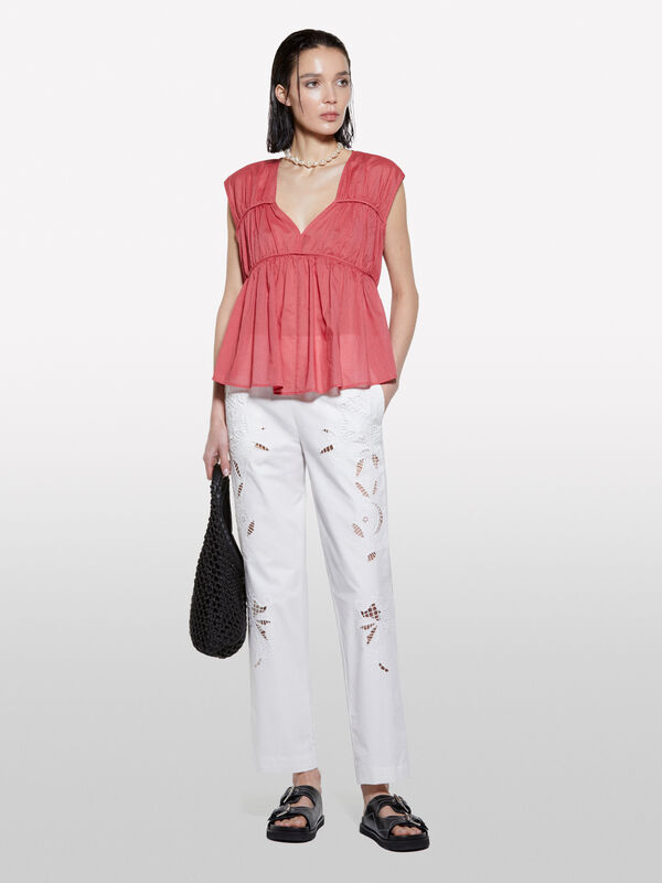 White trousers with embroidery - women's regular fit trousers | Sisley