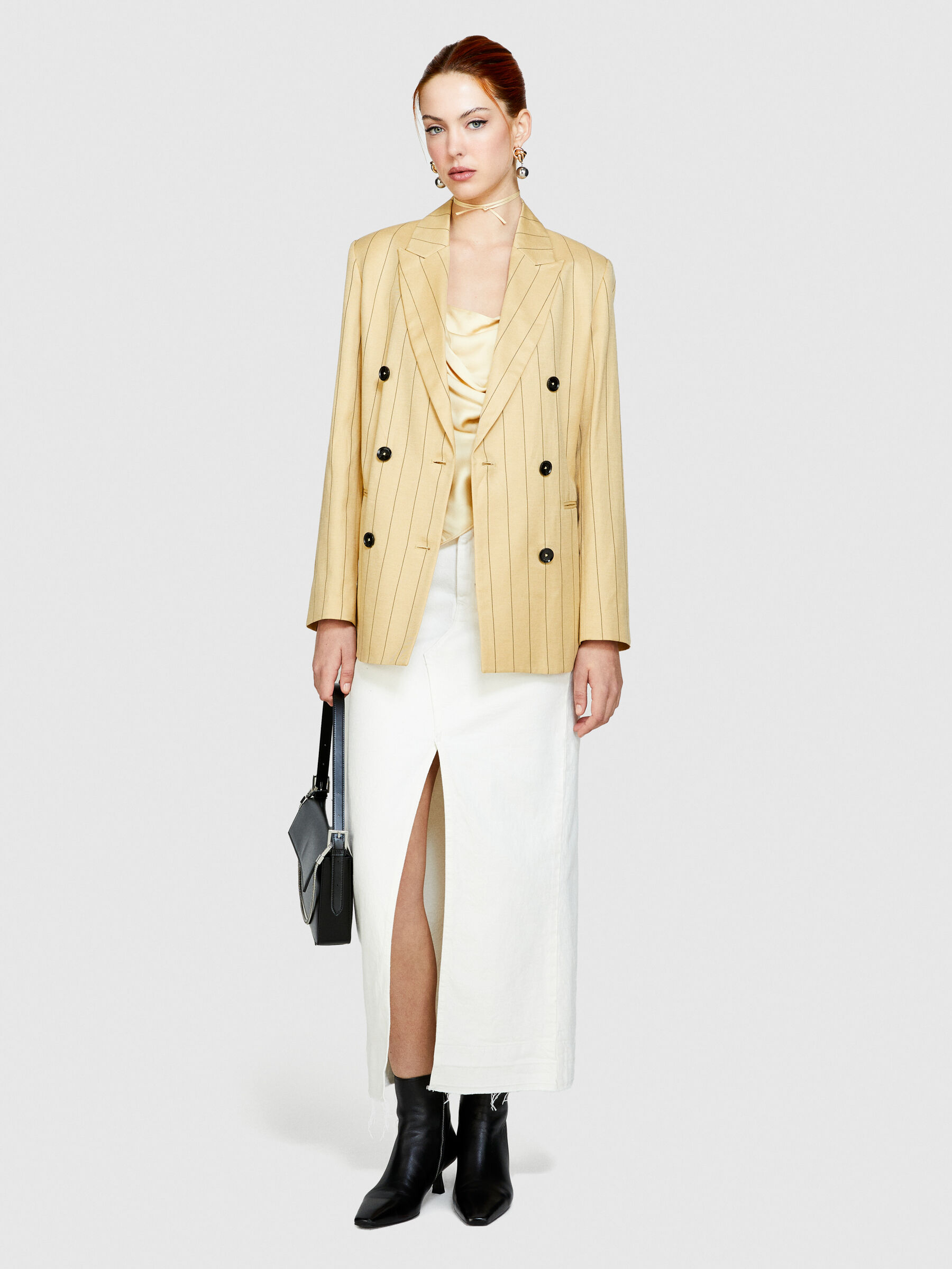Denim skirt with slit, White - Sisley