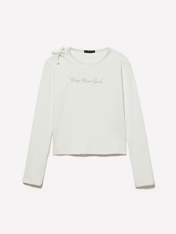 White ribbed t-shirt with embroidery and cut out - girls' long sleeve t-shirts | Sisley Young