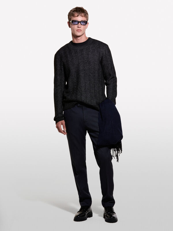 Dark blue herringbone sweater - men's crew neck sweaters | Sisley