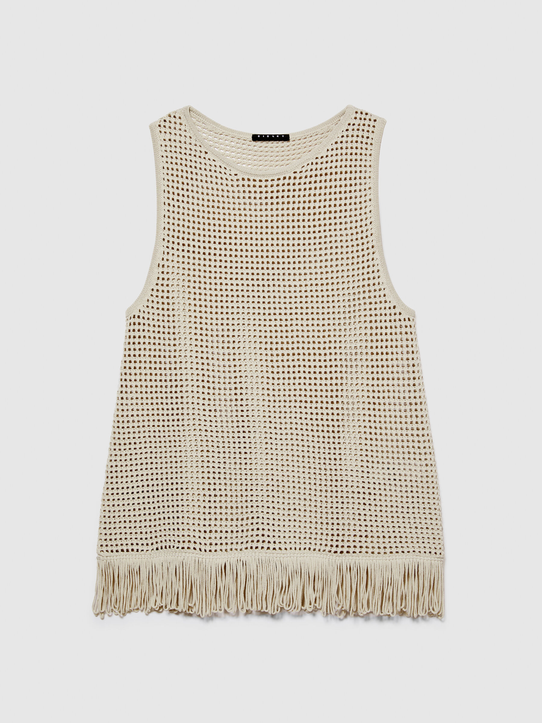 Perforated tank top with fringe, Beige - Sisley