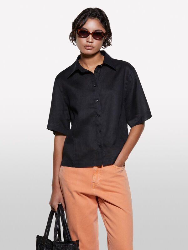 Black short sleeve shirt in 100% linen  - women's shirts | Sisley