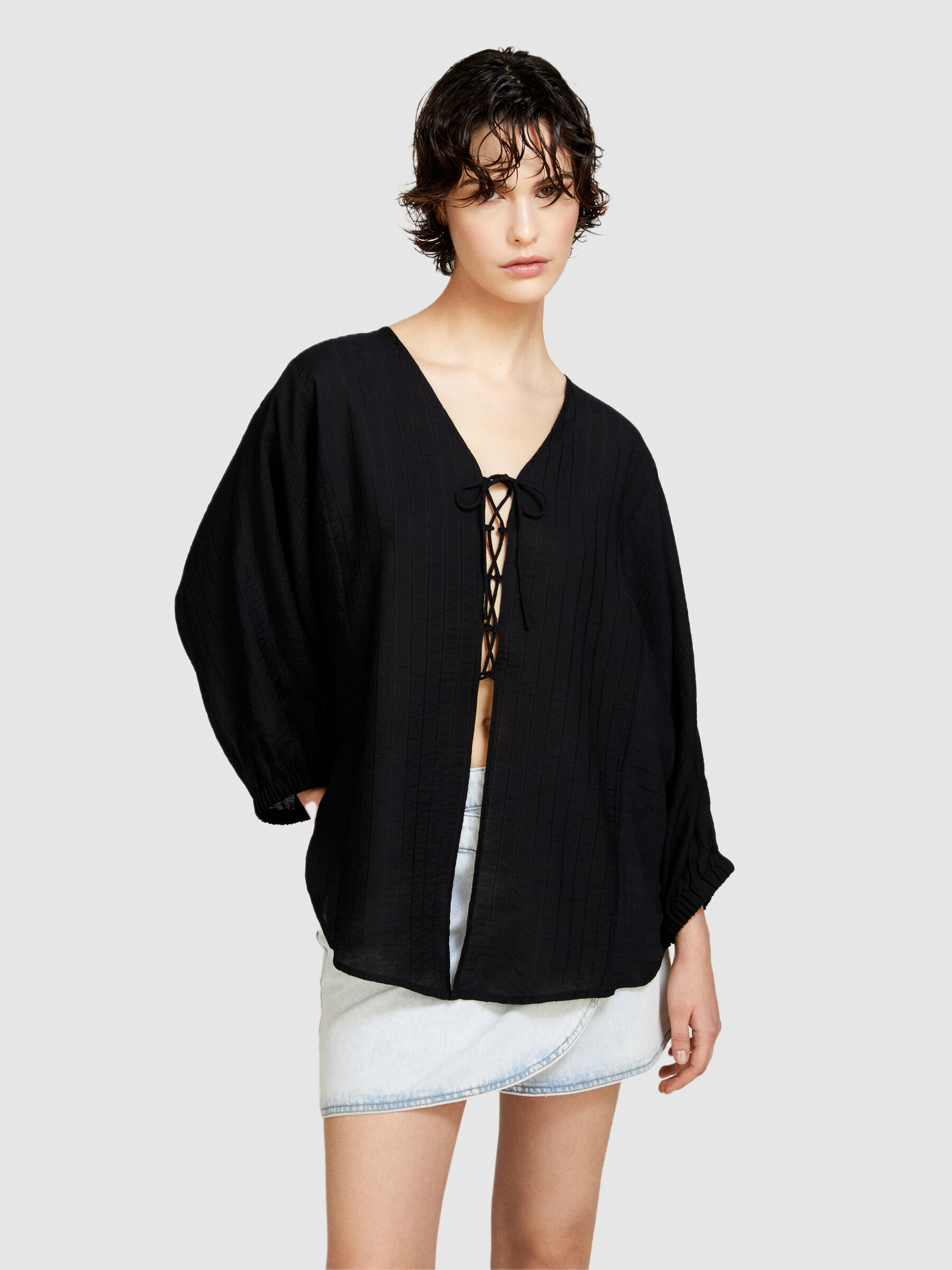 Kaftan blouse with ties, Black - Sisley
