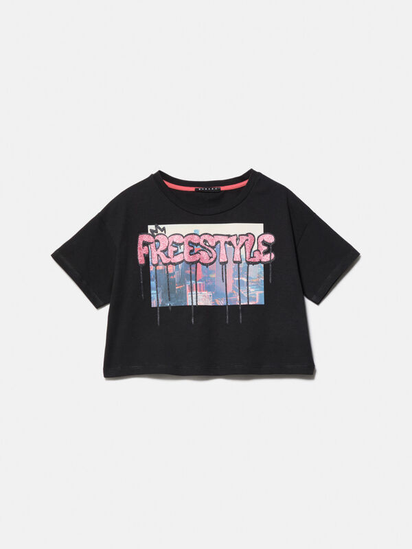 Boxy t-shirt with print and glitter - girls' short sleeve t-shirts | Sisley Young