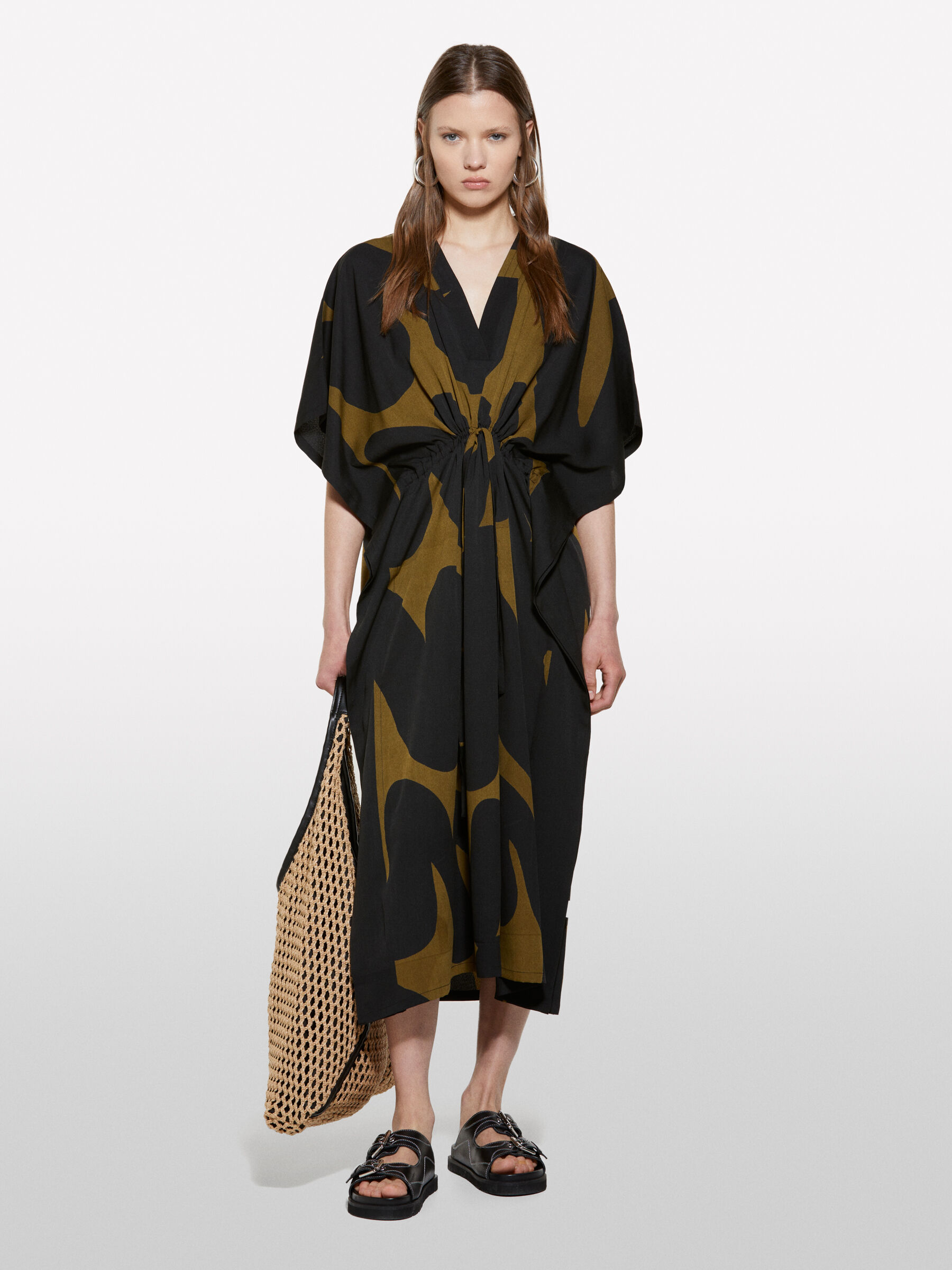 Dark long printed kaftan, Military Green - Sisley