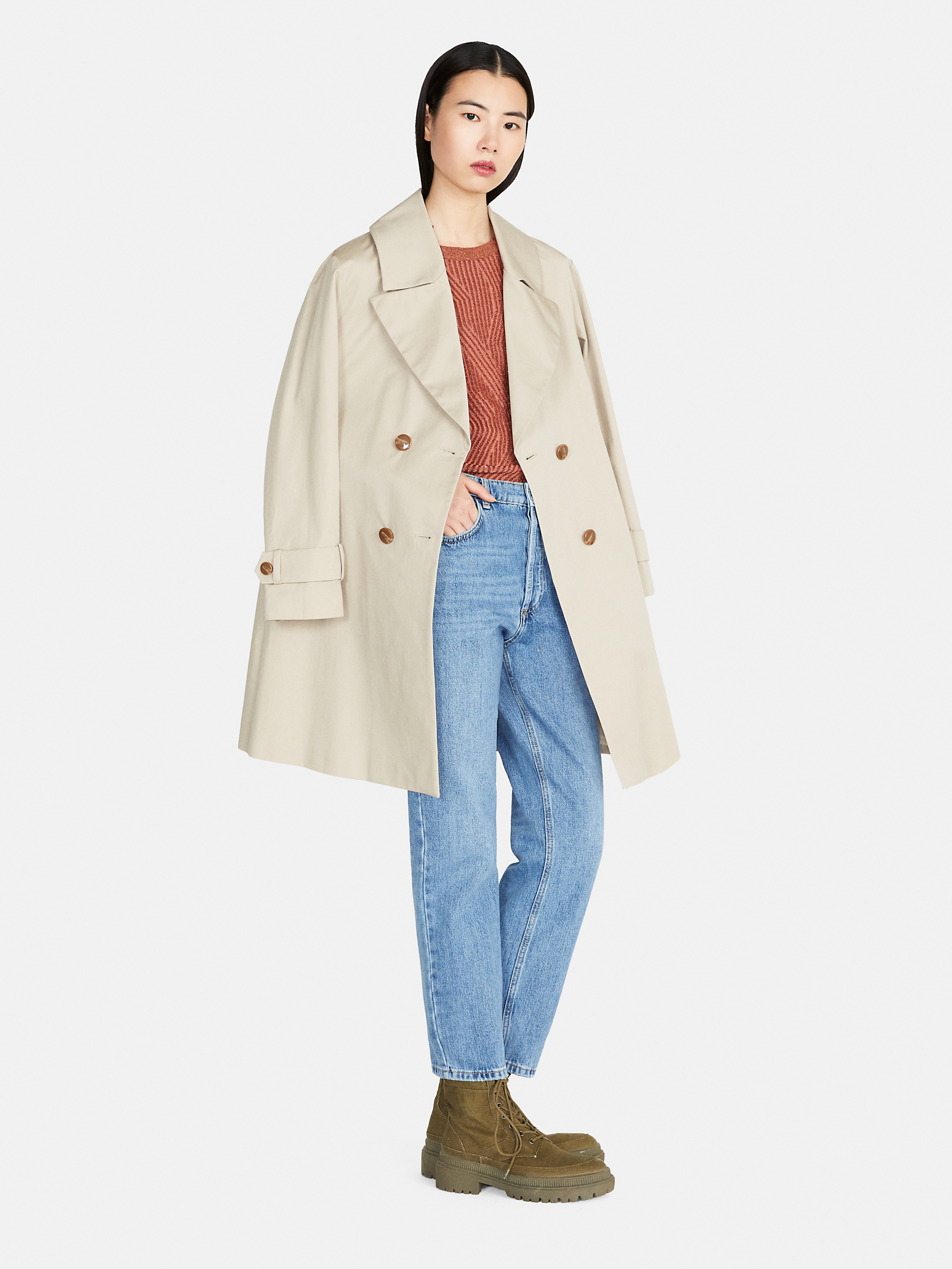 Oversized trench coat with sash, Beige - Sisley